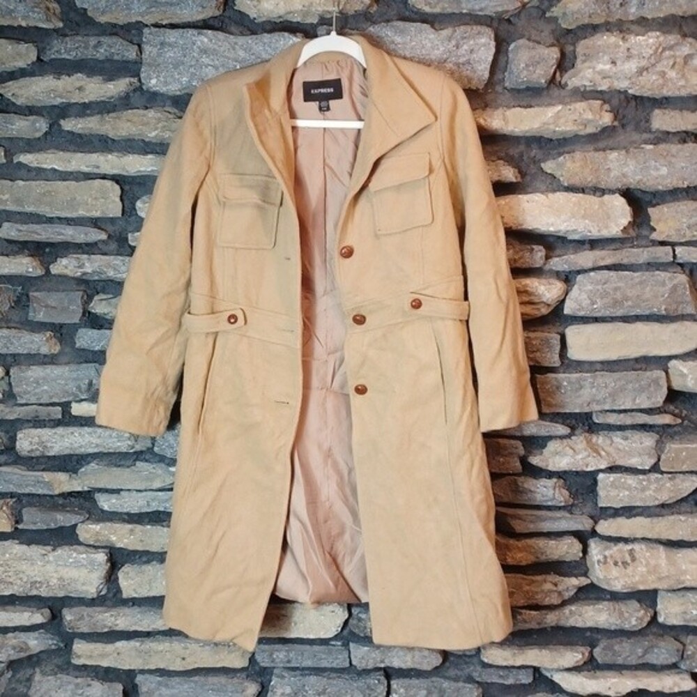Women's Express Wool Trench Jacket Tan Sz 5/6 Fits Small